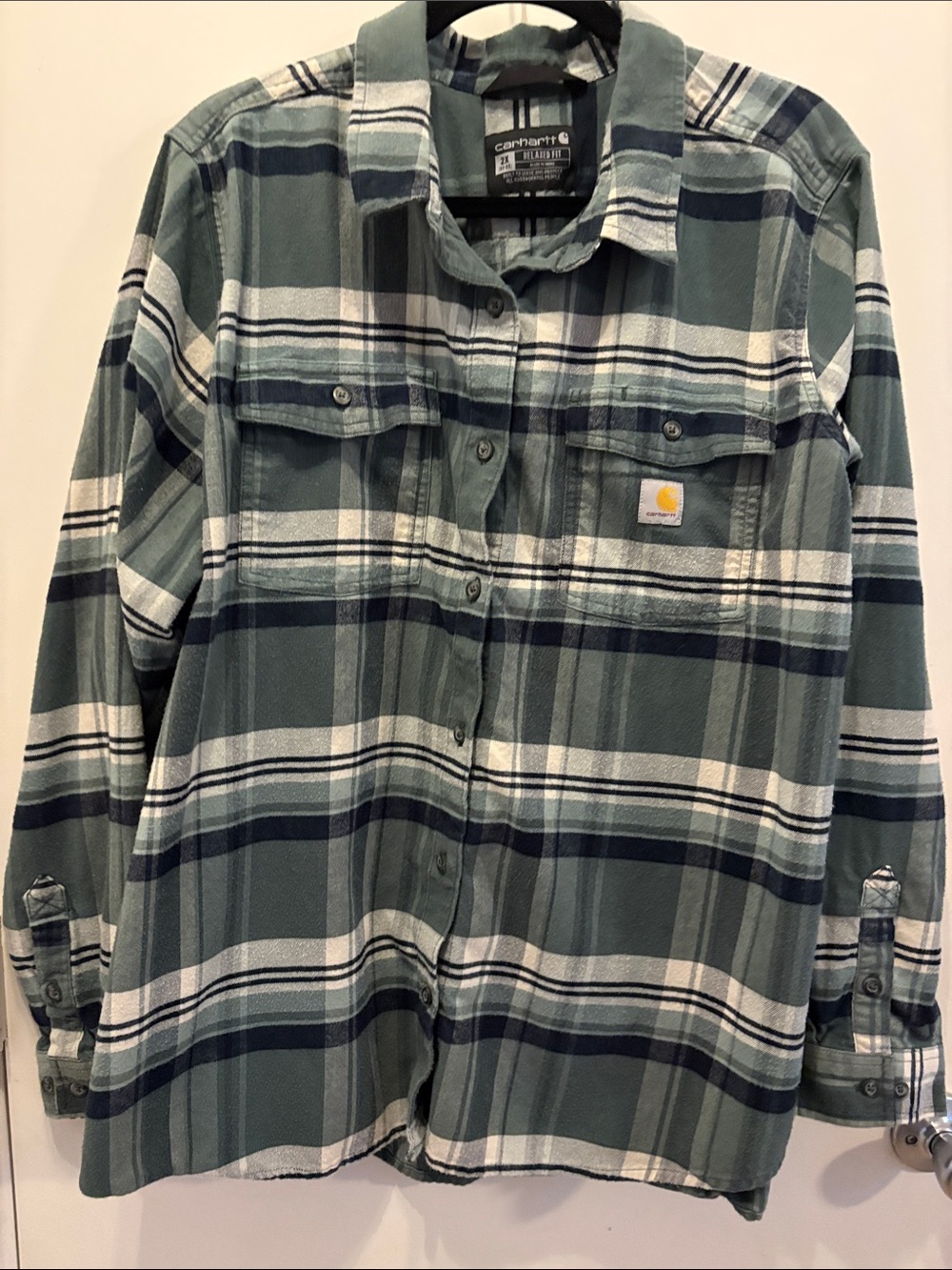 Carhartt Green and White Plaid Flannel Shirt Size 2X Cottonblend